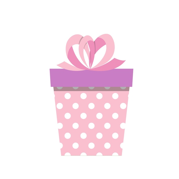 Pink gift box with white polka dots and with pink bow Flat vector