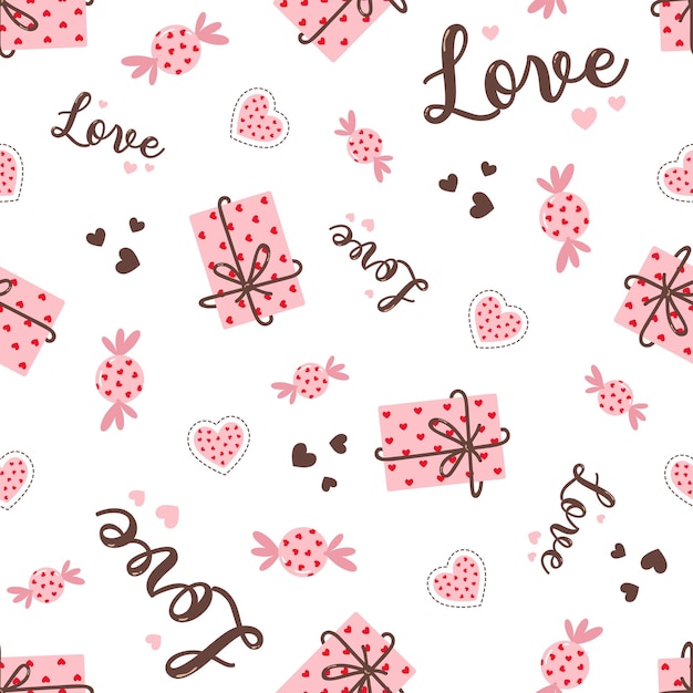 Pink gift boxes, bows, words of love, hearts, sweets. Seamless background