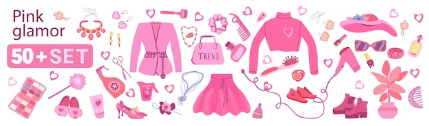 Vettore set rosa glamour set alla moda set di bambole accessori estetici cosmetici e abbigliamento rosa