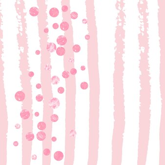 Coriandoli di puntini glitter rosa su strisce bianche. paillettes cadenti con riflessi e scintillii. modello con puntini glitter rosa per invito a una festa, banner evento, volantino, biglietto d'auguri.