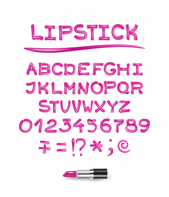 Vector pink glitter lipstick alphabet and numbers isolated