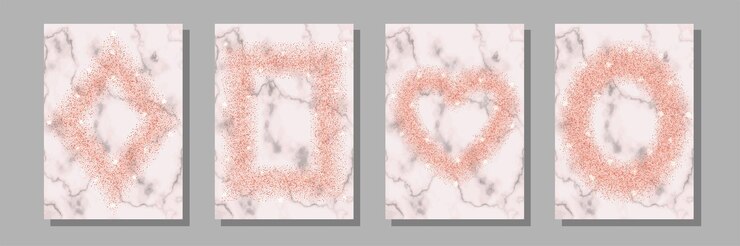 Vector pink glitter on marble background templates set for greeting and birthday card and covers
