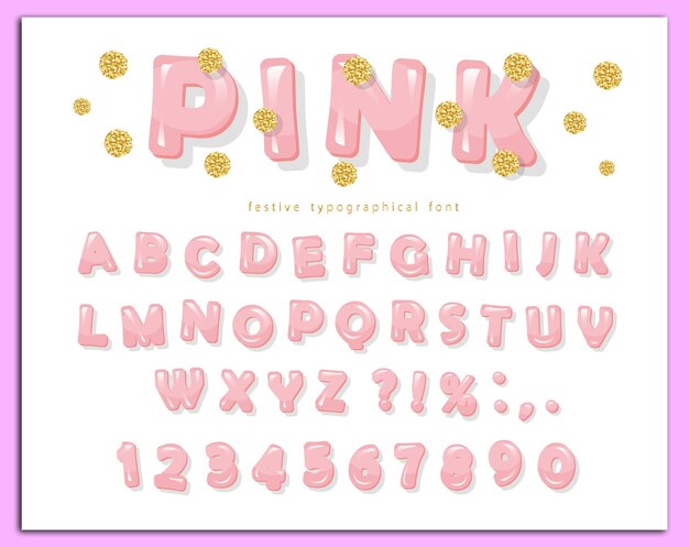 Pink glossy font ABC letters and numbers for girls Gold glitter confetti