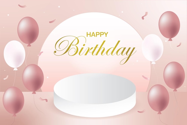 Pink and gold background with a pink background and balloons and the words happy birthday.