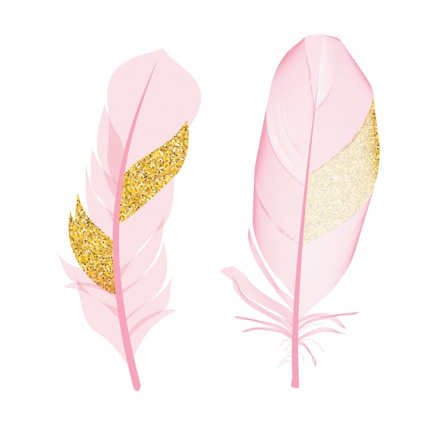 Vettore uccelli della piuma dipinti scintillio rosa e dorato isolati. illustrazione vettoriale