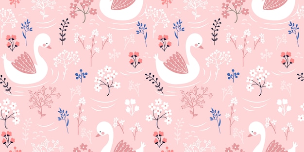 pink goose illustration in seamless pattern