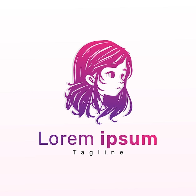 Pink gradient woman logo with hair Hand drawing girl face logo concept