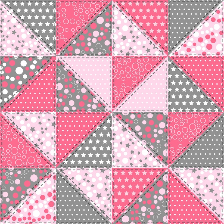 Vector pink and gray patchwork pattern with geometric ornaments. quilt design from stitched squares