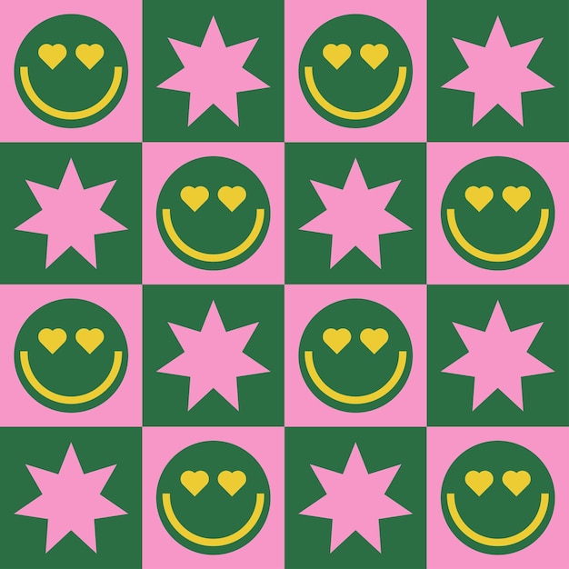 Vector pink and green checkered face and stars for christmas greeting cards postcard and retro christmas