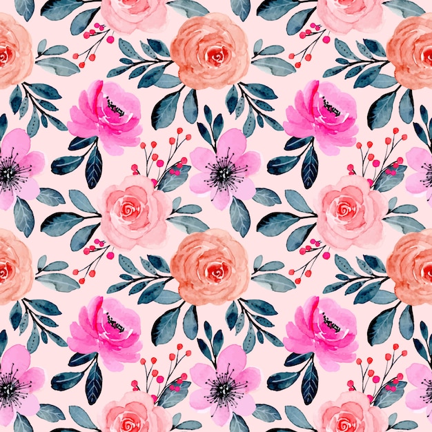 Pink green floral watercolor seamless pattern