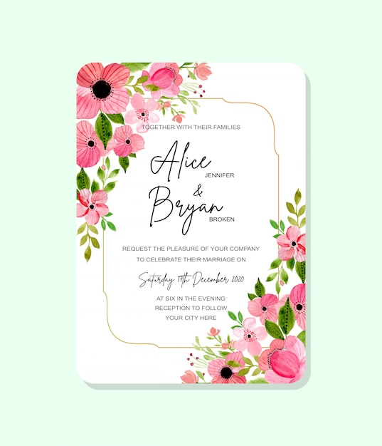 pink green floral wedding invitation card  with watercolor