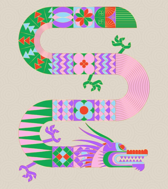 Pink green geometric chinese dragon modern shape design zodiac sign