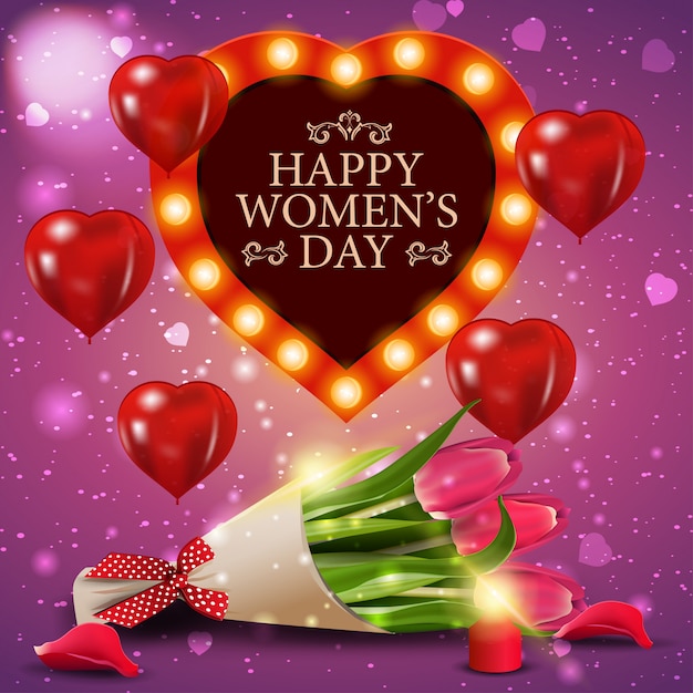 Pink greeting card for women's day with bouquet of tulips