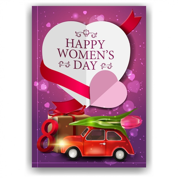 Pink greeting postcard for women's day car with tulip