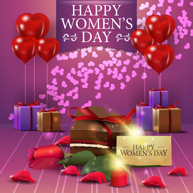 Vector pink greeting postcard for women's day with blloon
