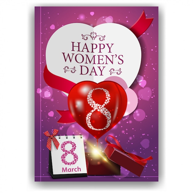 Pink greeting postcard for women's day with gift and balloon