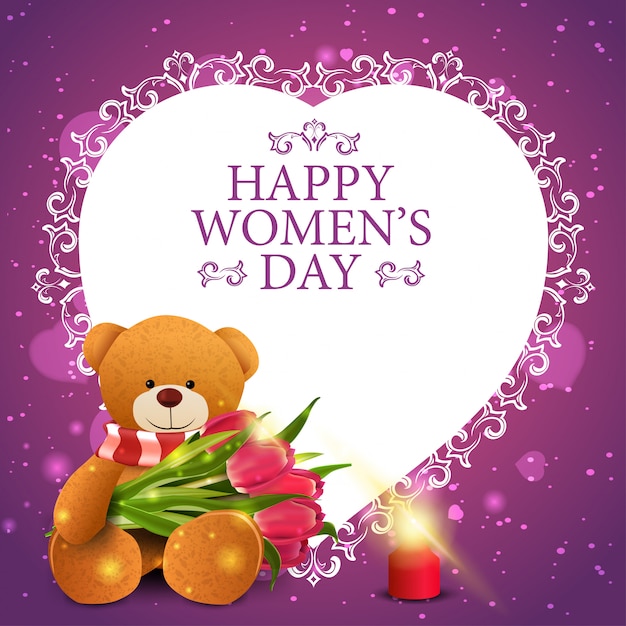 Pink greeting postcard for women's day with paper heart