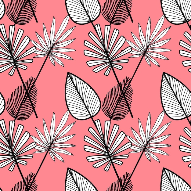 Pink and grey tropical pattern with palm leaves