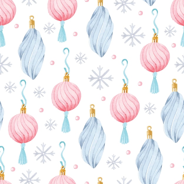 Vector pink and grey watercolor christmas ornaments seamless pattern