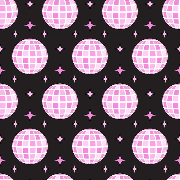 Vector pink groovy disco ball seamless pattern cute girly background in retro style