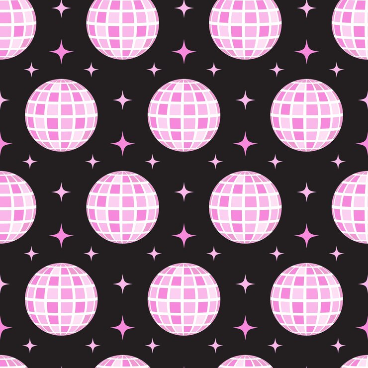 Vector pink groovy disco ball seamless pattern cute girly background in retro style