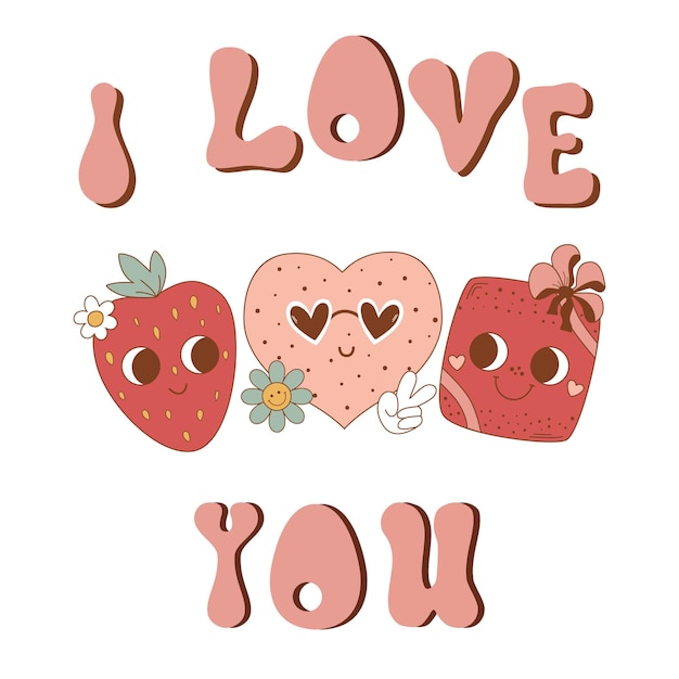 Vector pink groovy happy valentines day vectorretro lettering element with cute retro strawberry heart