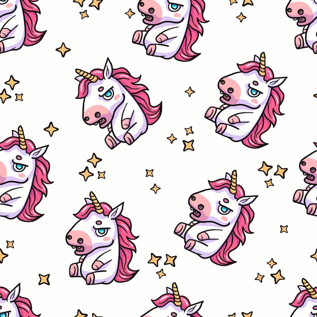 Vector a pink grumpy unicorn seamless pattern cute fantasy background