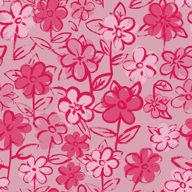 ピンクのグランジ花のシームレスなパターン手描きのアートワークの背景