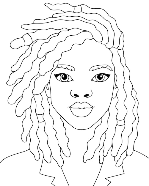 Pink hairstyle African black woman afro modern girl vector coloring illustration pages