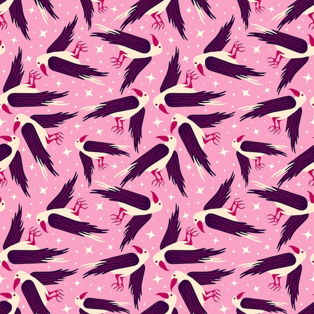 Vector pink halloween seamless pattern with raven and flowers