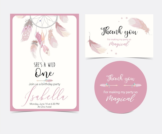 Vector pink hand drawn cute card with feather. thank you