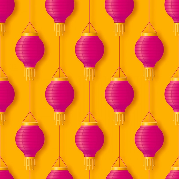 Pink hanging chinese or indian paper lantern for festival diwali or chinese happy new year seamless pattern in abstract pop style