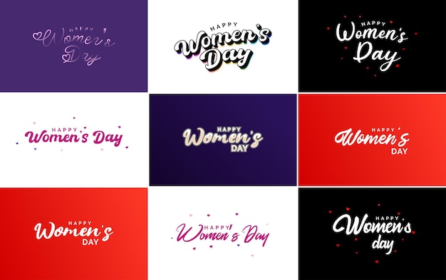 Set di elementi di design tipografico pink happy women's day per biglietti d'auguri