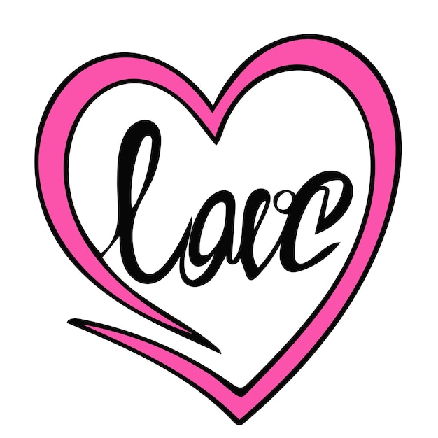 Vector pink heart icon with hand lettering love