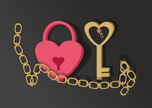 Pink heart lock and golden heart key with heart pendant and two chain links. Matte gold chains