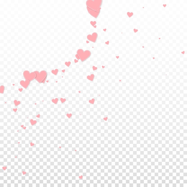 Pink heart love confettis. valentine's day corner mind-blowing background. falling stitched paper hearts confetti on transparent background. dramatic vector illustration.