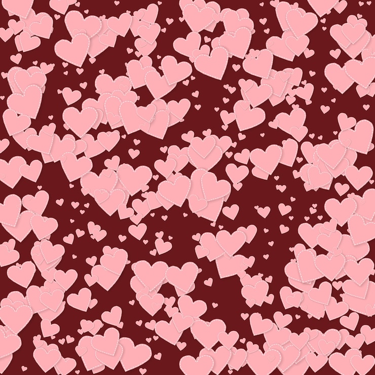 Vector pink heart love confettis. valentine's day pattern graceful background. falling stitched paper hearts confetti on maroon background. extra vector illustration.