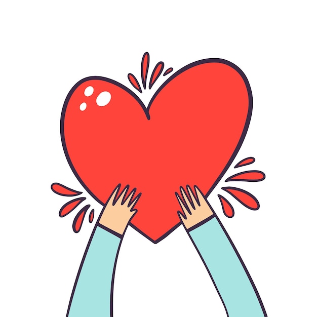 Pink heart sign in hands. hand drawn colorful vector illustration.
