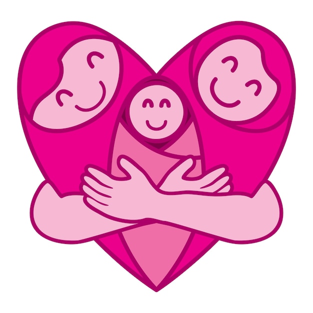 Vector a pink heart with a baby and a mother holding a baby.