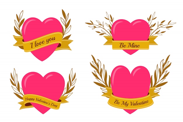 Vector pink heart with gold ribbon set