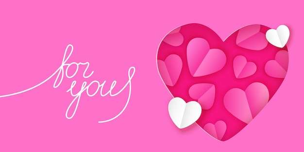 Pink heart with hearts on a pink background Greeting banner in digital craft style