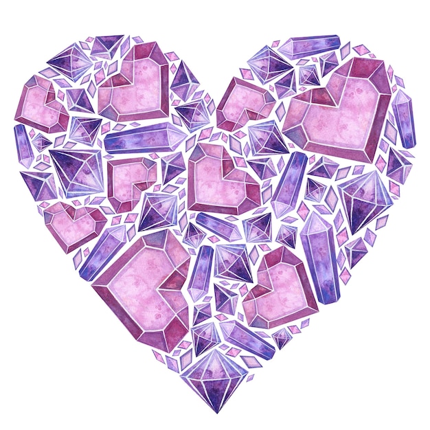 Pink heart with ice crystals gemstones jewelry watercolor hand drawn illustration clipart on whi