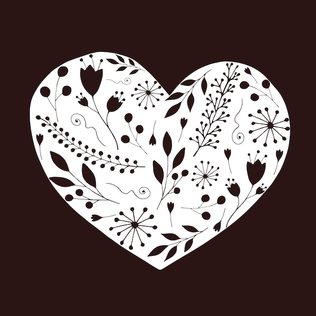 pink heart with silhouettes of flowers and sprigs. vector illustration