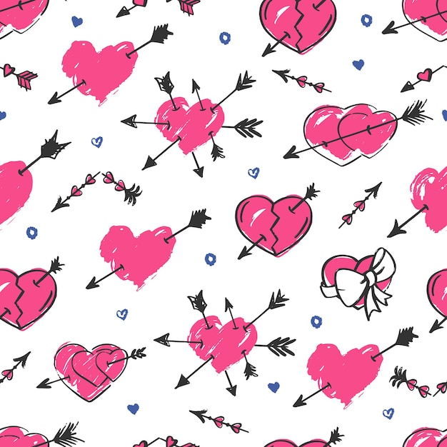 矢印のシームレスなパターンとピンクのハートバレンタインデーの手描きのベクトルの背景