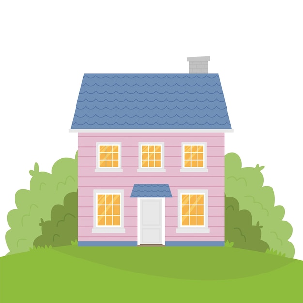 Vector pink house with a blue roof on a green background vector illustration in cartoon style