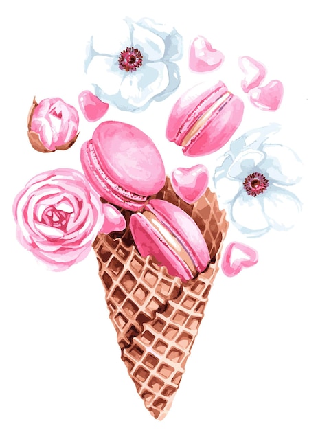 Pink ice cream, watercolor illustration