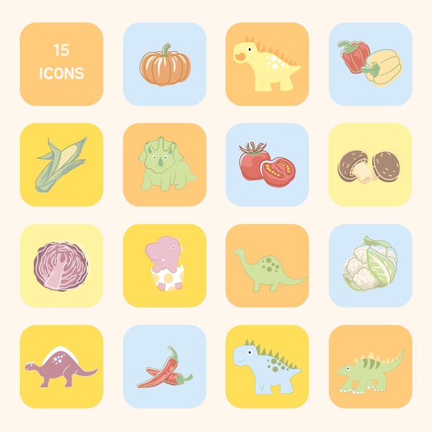 Pink illustrated 15 foods and animals icons in one template