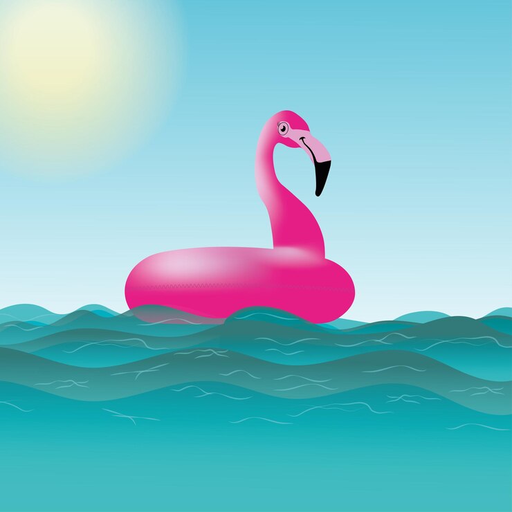 Vector pink inflated flamingo in the sea summer illustration