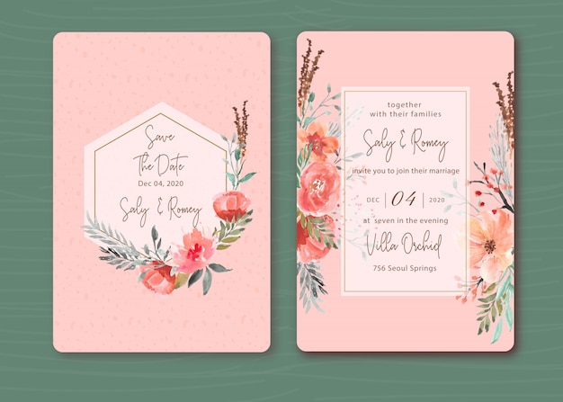 Pink invitation with beautiful floral watercolor