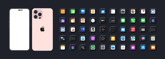 ピンクの Iphone 14 プロ iOS 14 のアップル社のスマートフォン 47 の人気のあるアプリを含むロック画面の電話ナビゲーション ページのホームページベクトルイラスト編集